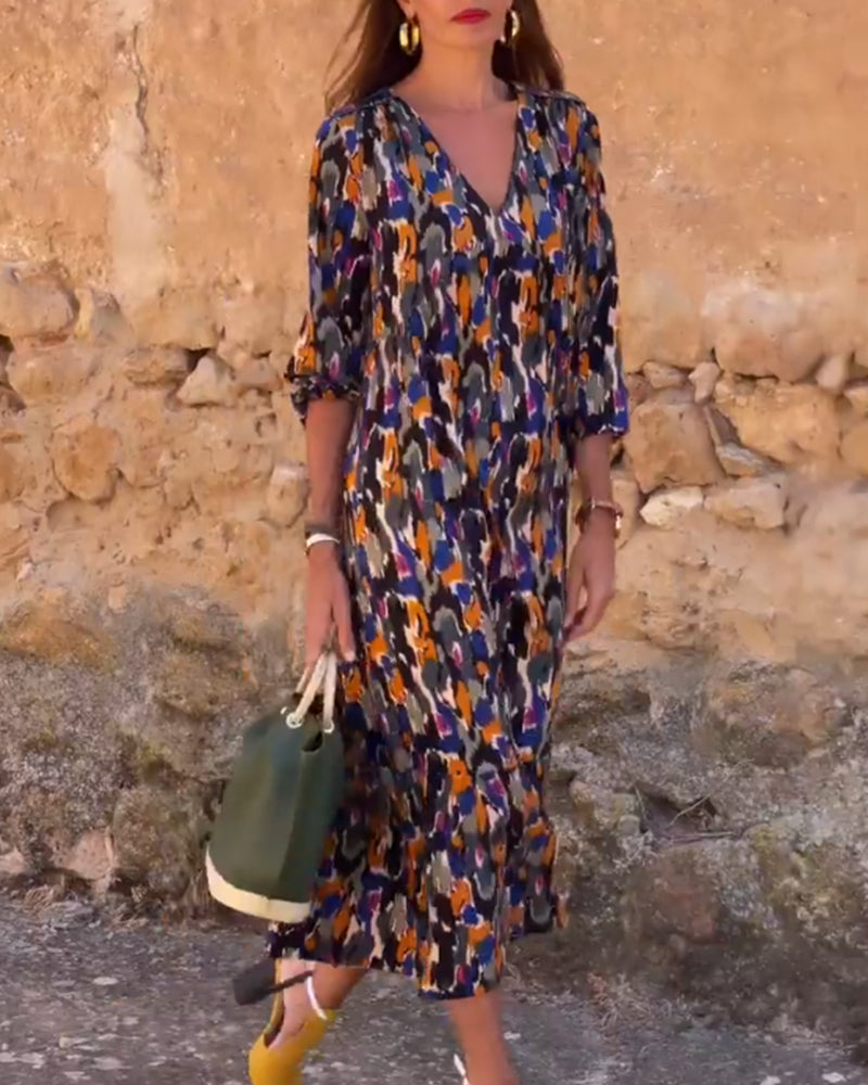 Viola™ – Vestito con scollo a V e stampa rétro