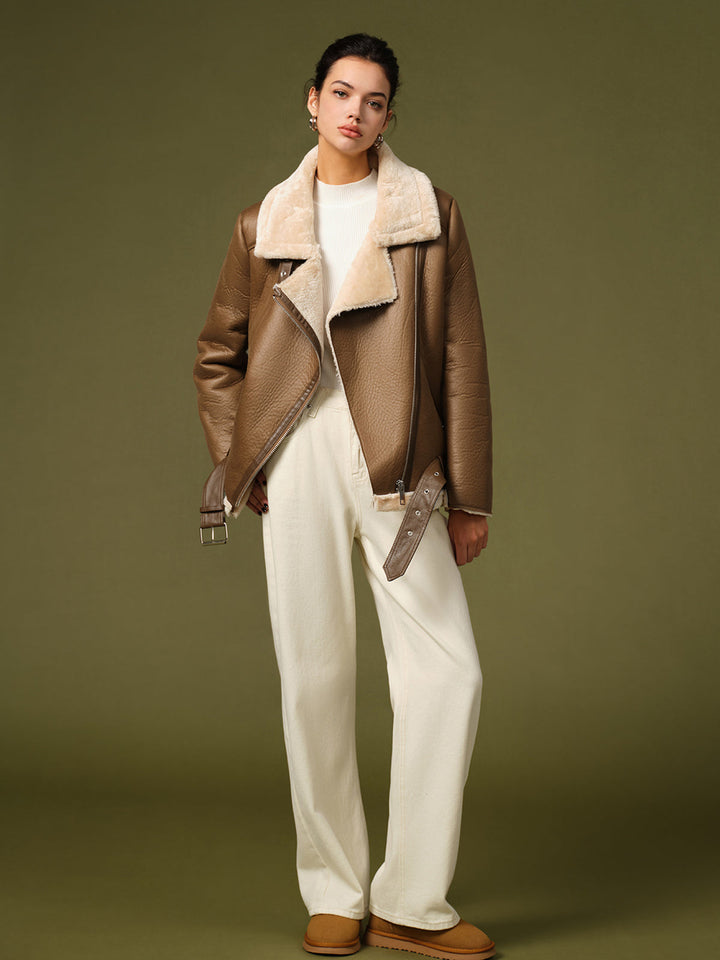 Giacca in Shearling con Cintura e Zip