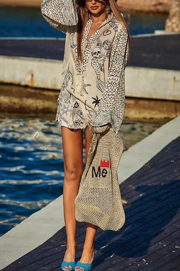 Vento d’Estate – Completo in raso con stampa unica, camicia con frange e shorts a vita elastica