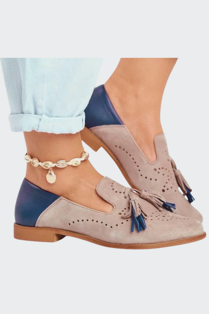 Velluto – Mocassini rosa e blu con nappine da donna