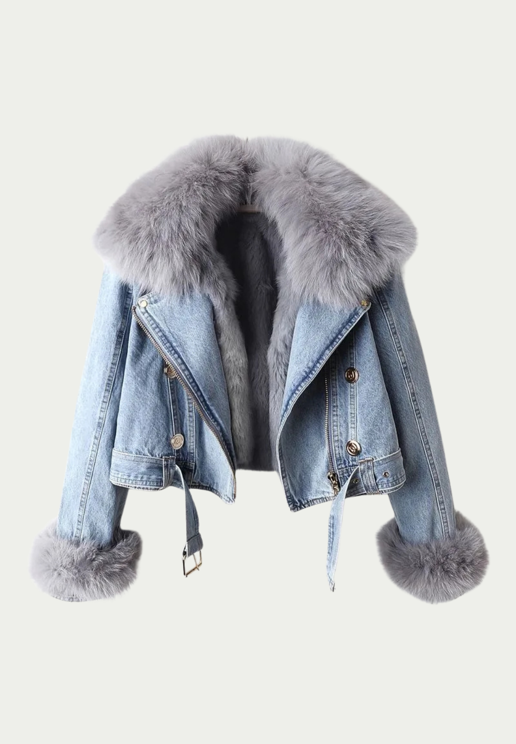 Margaux – Giacca in denim con colletto in pelliccia di volpe