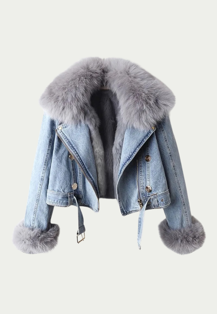 Margaux – Giacca in denim con colletto in pelliccia di volpe