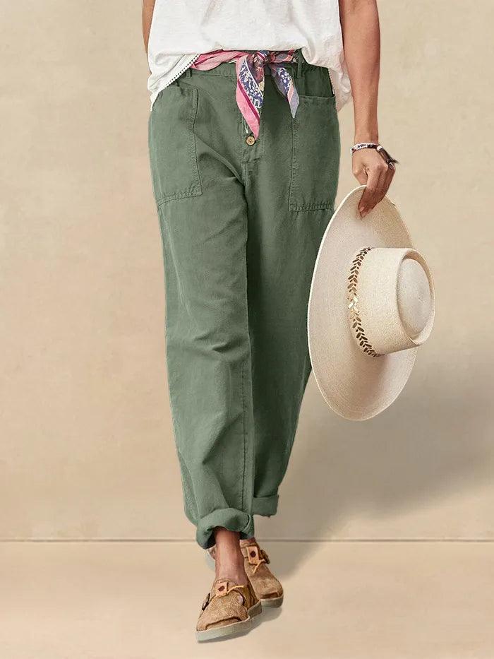 Calira™ Pantaloni casual estivi in lino con chiusura a bottone