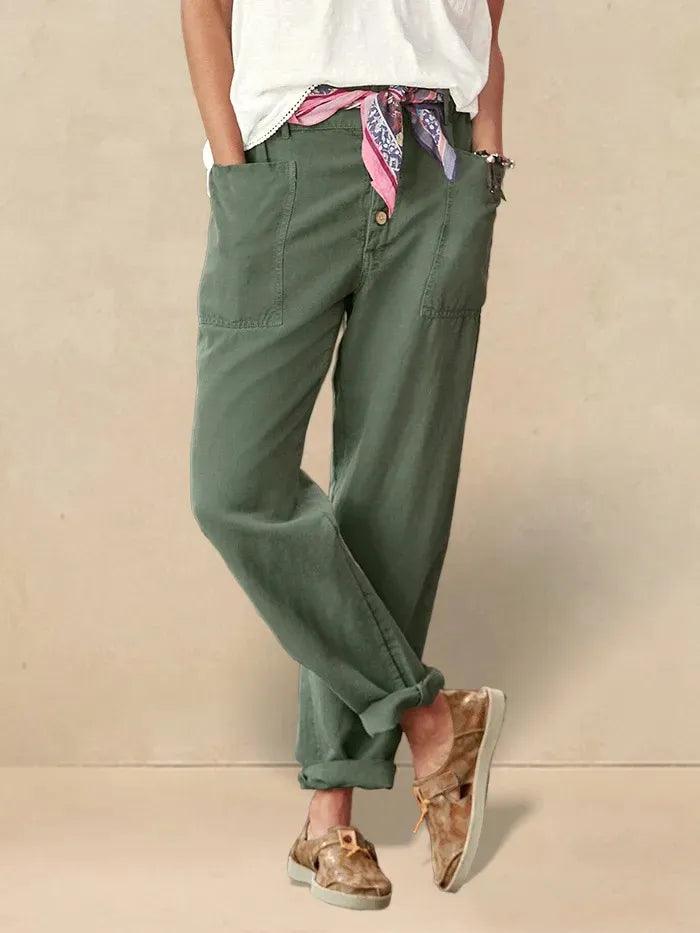 Calira™ Pantaloni casual estivi in lino con chiusura a bottone
