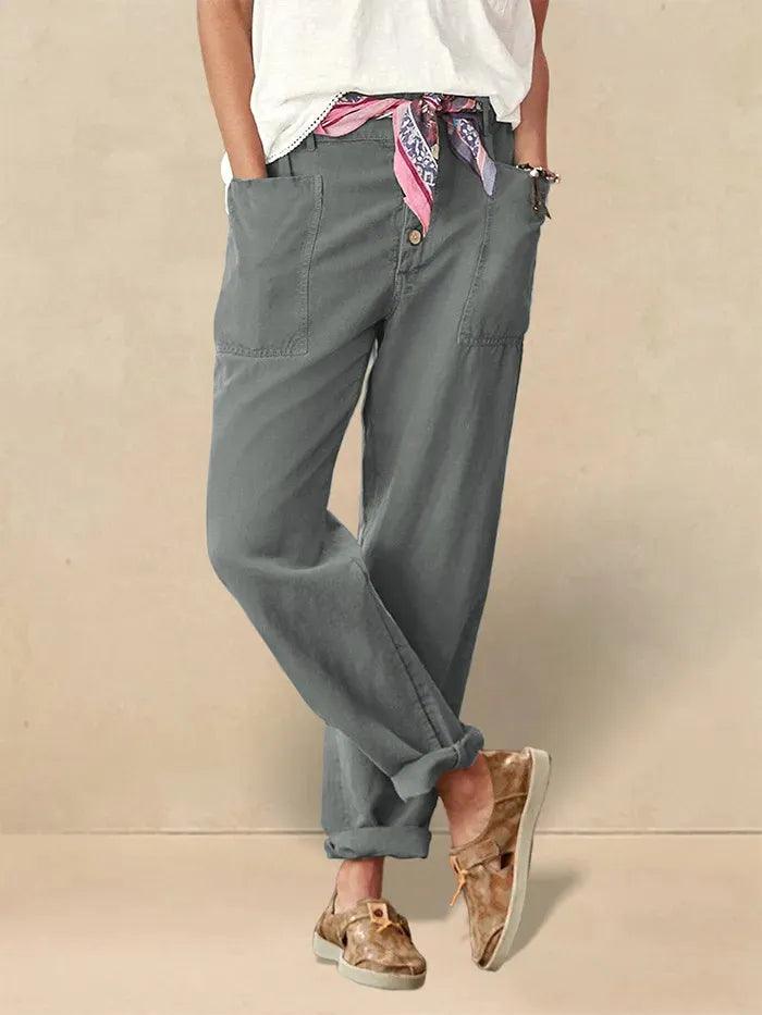 Calira™ Pantaloni casual estivi in lino con chiusura a bottone