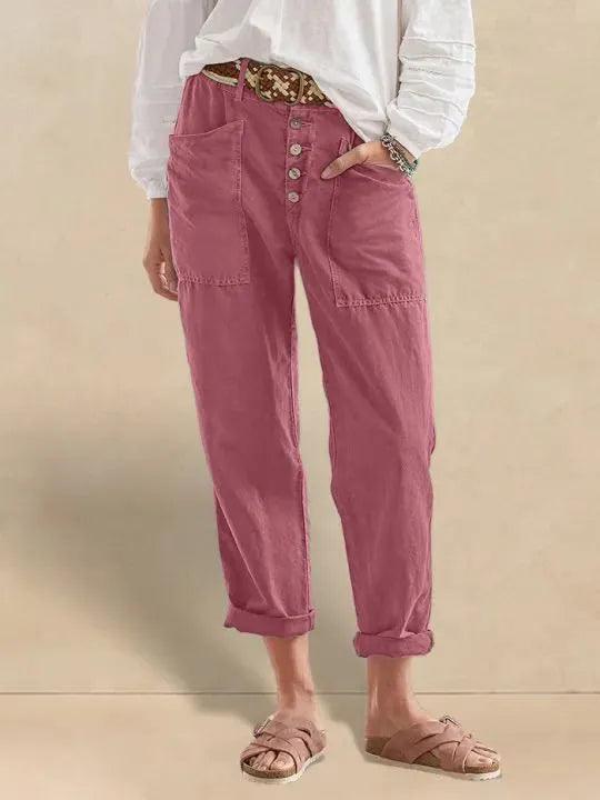 Calira™ Pantaloni casual estivi in lino con chiusura a bottone