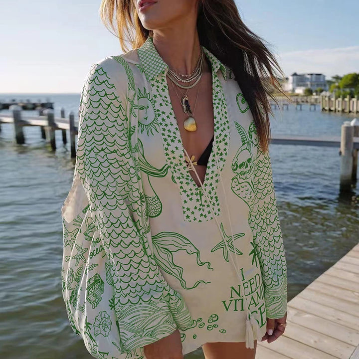 Vento d’Estate – Completo in raso con stampa unica, camicia con frange e shorts a vita elastica