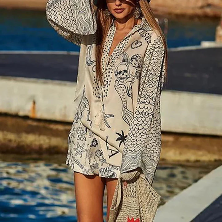 Vento d’Estate – Completo in raso con stampa unica, camicia con frange e shorts a vita elastica