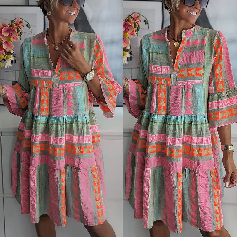 Rosa di Sole  -Abito estivo chic in cotone e canapa con scollo a V