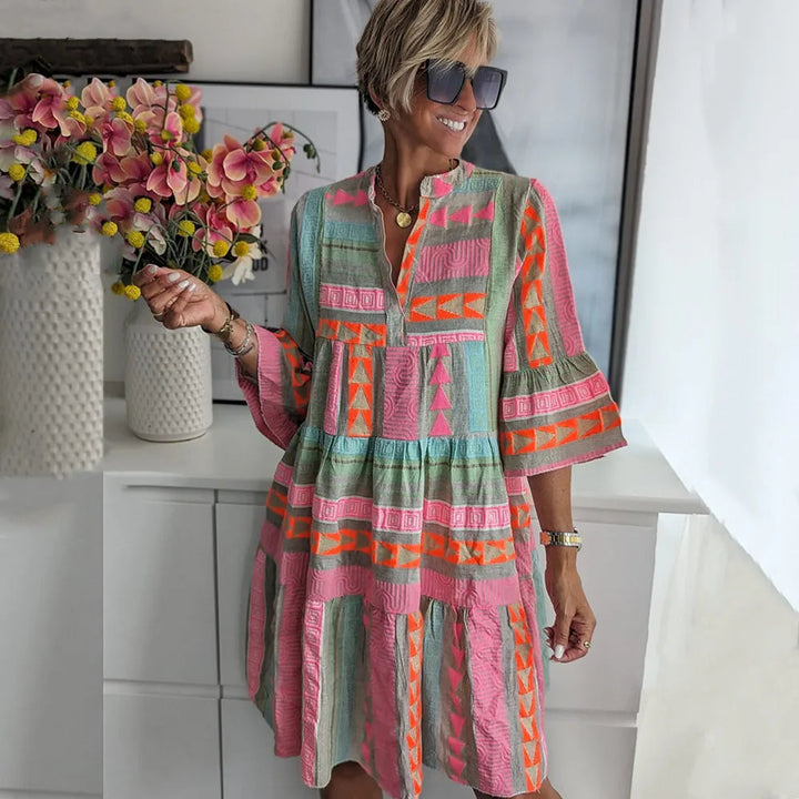 Rosa di Sole  -Abito estivo chic in cotone e canapa con scollo a V