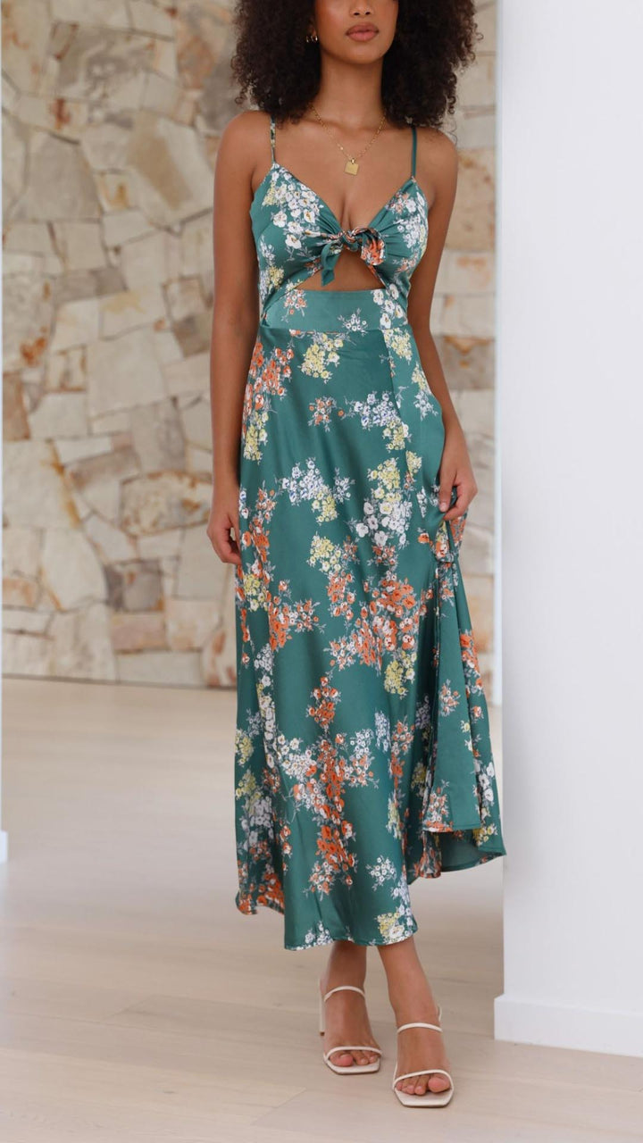 LINA -ABITO MIDI CUT-OUT IN SPACCO FLOREALE CON FIOCCO SUL SENO - BOZZI MILANO